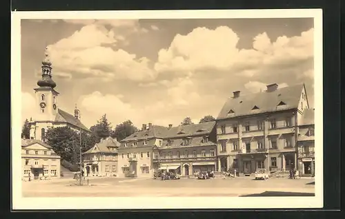 AK Schönlinde / Krasna Lipa, Marktplatz mit Blick zur Kirche