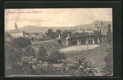 AK Leitmeritz / Litomerice, Ortsansicht mit der neuen Elbebrücke