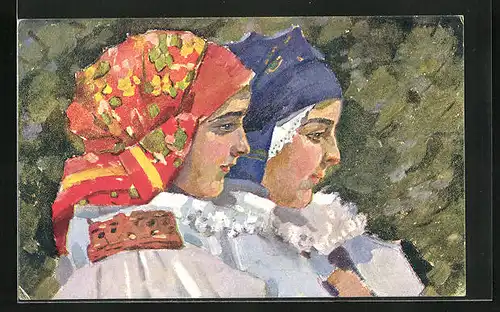 Künstler-AK sign. J. Cerný: zwei hübsche junge Frauen in tschechischer Tracht mit Kopftüchern