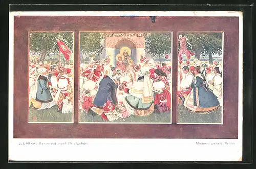 Künstler-AK Joza Uprka: Marianská pisen, Triptychon, festlich gekleidete Bewohner beten vor einem Gnadenbild