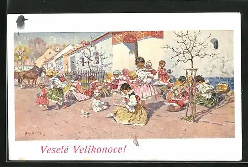 Künstler-AK Joza Uprka: Jarni zábavy, Kinder in tschechischer Tracht vor einer Schule spielend