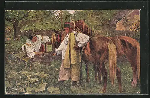 Künstler-AK Joza Uprka: Dostavenicko, tschechisches Bauernpaar mit Pferden am Trog