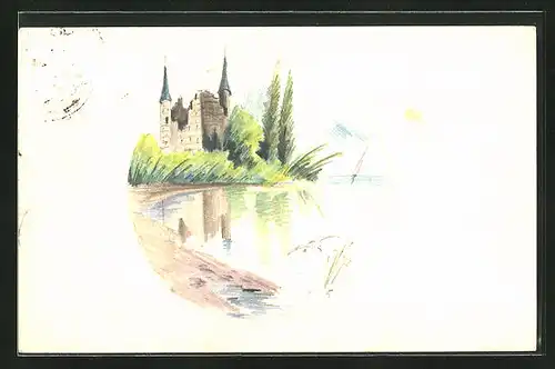 Künstler-AK Handgemalt: idyllisches Motiv einer Burg am Seeufer