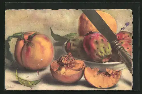 Künstler-AK Carlo Chiostri: Stillleben, aufgeschittener Pfirsisch, Obst und Messer auf einem Teller