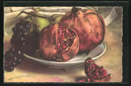 Künstler-AK Carlo Chiostri: Granatäpfel, Trauben und Äpfel auf einem Teller platziert, Stillleben