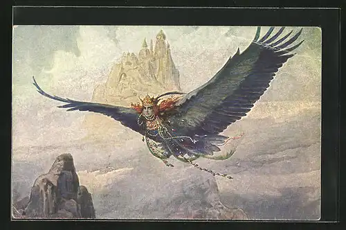 Künstler-AK S. Solomko: La Fantaiasie, Adler mit Königinnenkopf über das Gebirge fliegend