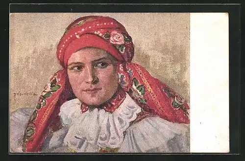 Künstler-AK junge Frau mit Kopftuch im tschechischen Trachtenkleid