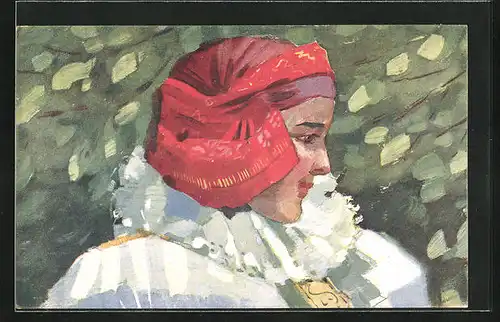 Künstler-AK schönes Fräulein im tschechischen Trachtenkleid mit elegant gebundenem Kopftuch