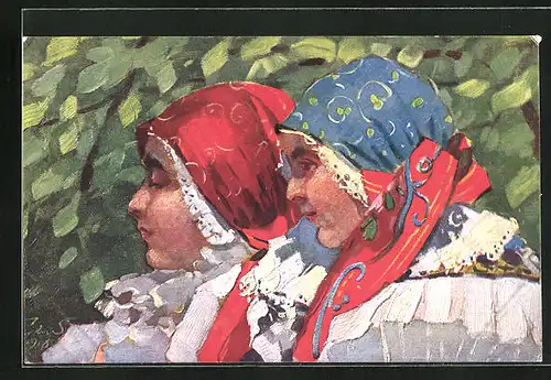 Künstler-AK zwei schöne junge Frauen mit Kopftüchern in tschechischer Landestracht