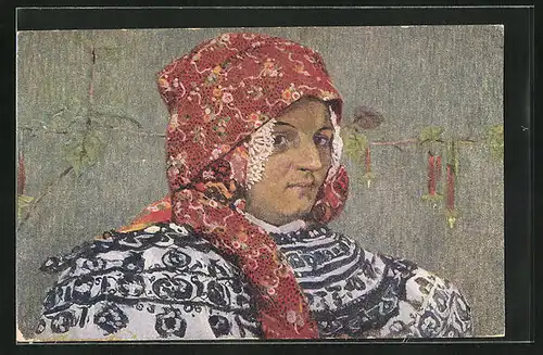Künstler-AK Joza Uprka: Vázáni Sátku, Devce z Ratiskovic, Portrait einer hübschen Tschechin in Tracht mit Kopftuch