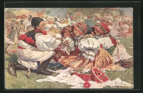 Künstler-AK Joza Uprka: Od ktere, junge Tschechen in Trachtenkleidern auf einer Wiese sitzend