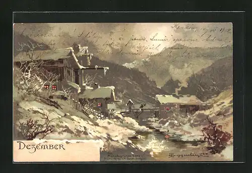 Künstler-AK Theodor Guggenberger: Dezember, Winterpartie am Fluss