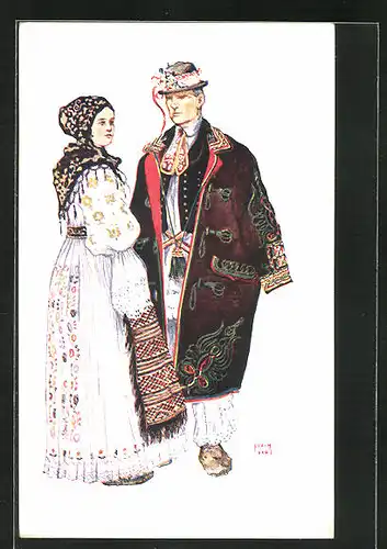 Künstler-AK Hrvatske Narodne Nosnje, Paar in kroatischer Nationaltracht