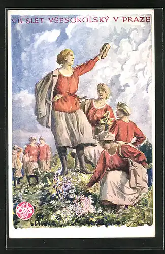 Künstler-AK Praze, VIII. Sletu Vsesokolskému 1920, Frauen in Trachtenkleidern pflücken Blumen