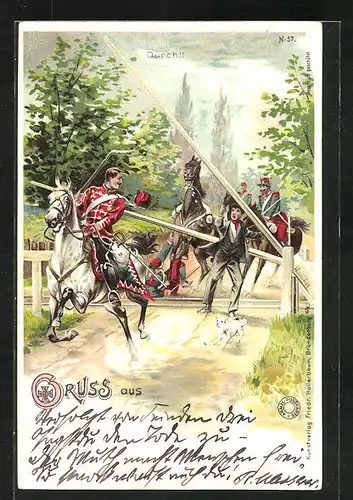 Lithographie Durch!!, Kavalleristen durchbrechen eine Bahnschranke