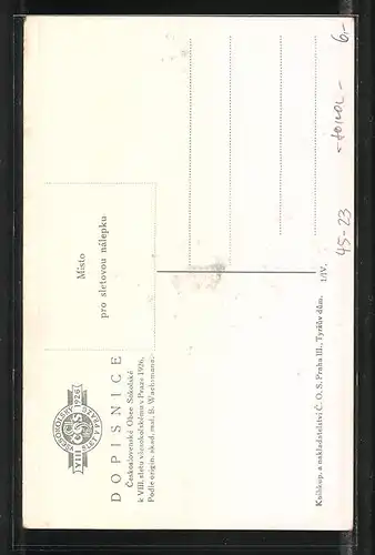 Künstler-AK Praze, Vsesokolský Slet 1926, halbnacktes Fräulein mit Adler und Lorbeerkranz auf einer Blumenwiese