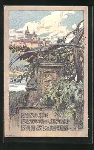 Künstler-AK Praze, V. Slet Vsesokolský 1907, Adler auf einem Denkmal sitzend, Blick auf das Schloss