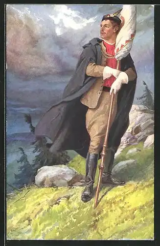 Künstler-AK Sokolský Pozdrav, Soldat mit Flagge auf einem Berg stehend