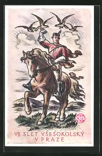 Künstler-AK Praze, VII. Slet Vsesokolský 1920, Ritter mit gefiedertem Gefolge auf einem Pferd reitend