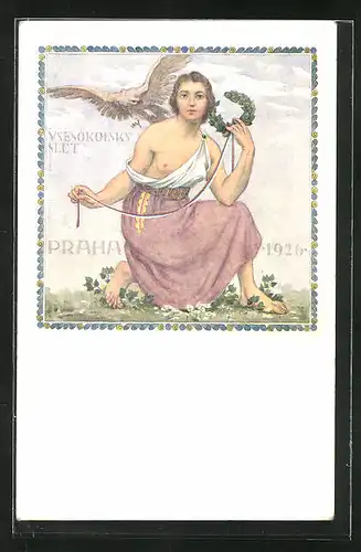 Künstler-AK Praze, VIII. Slet Vsesokolský 1926, halbnacktes Fräulein mit Lorbeerkranz auf einer Blumenwiese