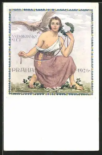 Künstler-AK Praze, VIII. Slet Vsesokolský 1926, halbnacktes Fräulein mit Lorbeerkranz auf einer Blumenwiese