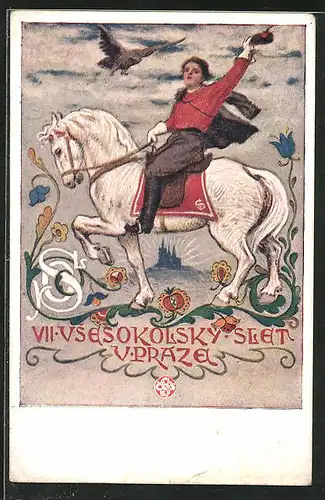 Künstler-AK Praze, VII. Slet Vsesokolský 1920, Frau reitet auf einem Pferd