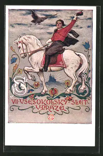 Künstler-AK Praze, VII. Slet Vsesokolský 1920, Frau reitet auf einem Pferd