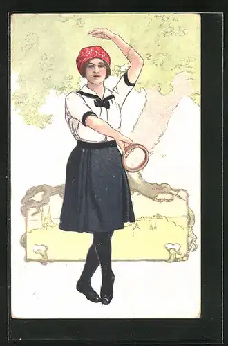 Künstler-AK hübsches Fräulein tanzt mit einem Ring, Stadtsilhouette