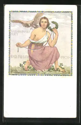 Künstler-AK Praze, VIII. Slet Vsesokolský 1926, schönes Fräulein hockt halbnackt auf einer Blumenwiese