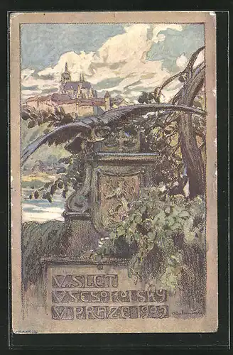 Künstler-AK Praze, V. Slet Vsesokolský 1907, Geier auf einem Denkmal, Schloss