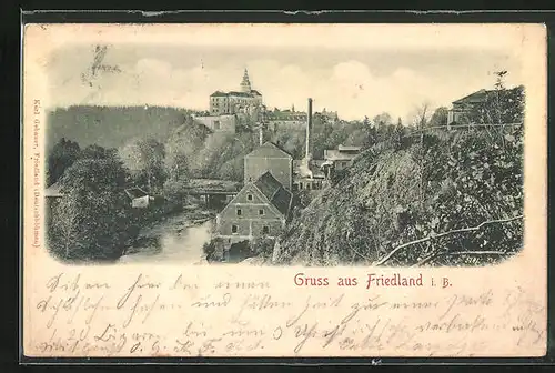 Relief-AK Friedland / Frydlant, Panorama mit Schloss