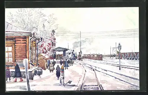Künstler-AK Tjumen, Reisende auf dem verschneiten Bahnhof