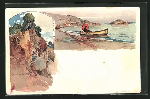Künstler-AK Manuel Wielandt: Alassio, Frau mit Schirm im Boot, Partie an der Steilküste