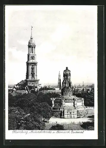 AK Hamburg-St. Pauli, Michaeliskirche und Bismarck-Denkmal