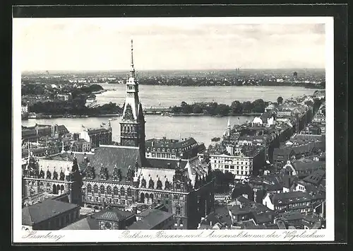 AK Hamburg, Rathaus, Binnen- und Aussenalster aus der Vogelschau