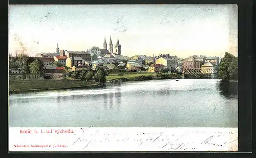 AK Kolin, Blick über die Elbe zur Stadt