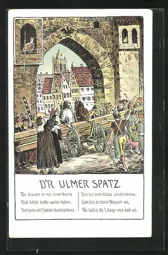 Künstler-AK Ulm a.d. Donau, Pferdekarren mit langen Holzbalken, Ulmer Spatz