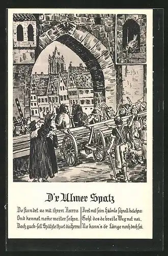 Künstler-AK Ulm a.d. Donau, Ulmer Spatz, Transportkarren