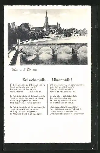 AK Ulm a.d. Donau, Partie an der Brücke, Blick zum Münster, Schwobamädla - Ulmermädla