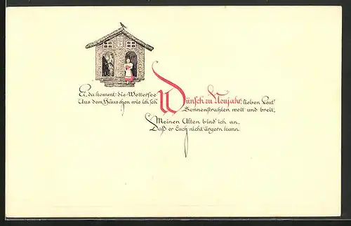 Präge-AK Meteorologie, die Wetterfee in ihrem Häuschen