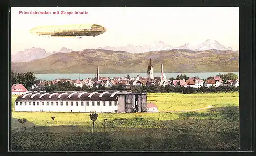 AK Friedrichshafen a. B., die Zeppelinhalle vor der Stadt, Gebirgspanorama