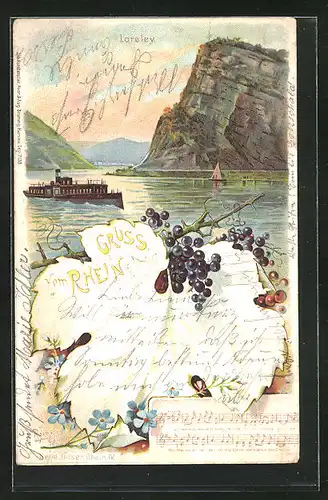 Lithographie Loreley, Ausflugsdampfer unter dem Felsen, Weintrauben