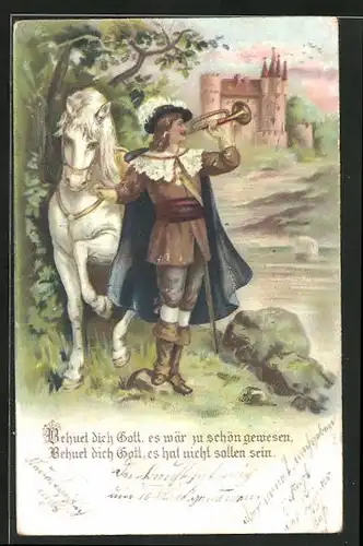 Präge-Lithographie Flurkreuz, Behüt dich Gott, Reiter mit Pferd und Trompete am ufer