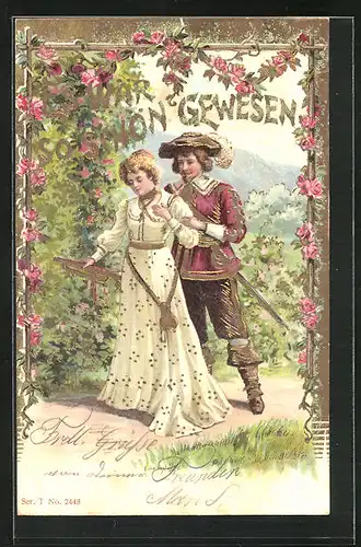 Präge-Lithographie Flurkreuz, Es wär so schön gewesen, Pärchen mit Rosenschmuck