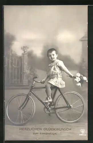 AK Glückwunsch zum Namenstag, Kind auf dem Fahrrad