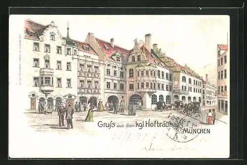 Lithographie Münchner kgl. Hofbräuhaus, Passanten auf dem Platz daor