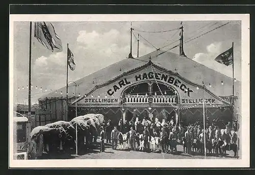 AK Zirkus Carl Hagenbeck, Mitrarbeiter mit Tieren vor dem Zelt