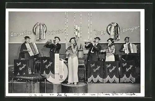 AK Musiker, Attraktions Orchester Jupp Spengler mit Instrumenten