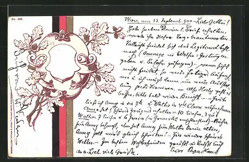 Lithographie Wien, Wappen mit Eichenlaub und deutschen Farben