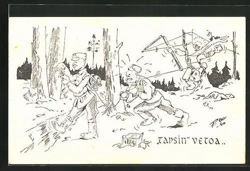 Künstler-AK Österreich, Tapsin Vetoa, Soldaten wandern durch den Wald am Bach